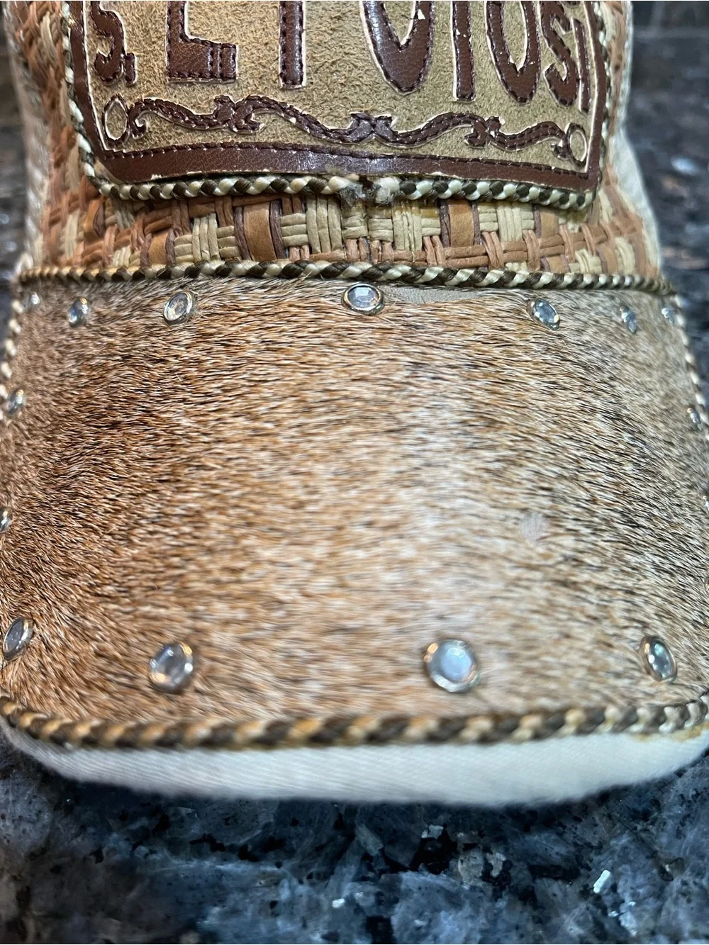 SL Potosi Women's Tan Cowhide Woven Trucker Cap with Stud Detail SnapBack